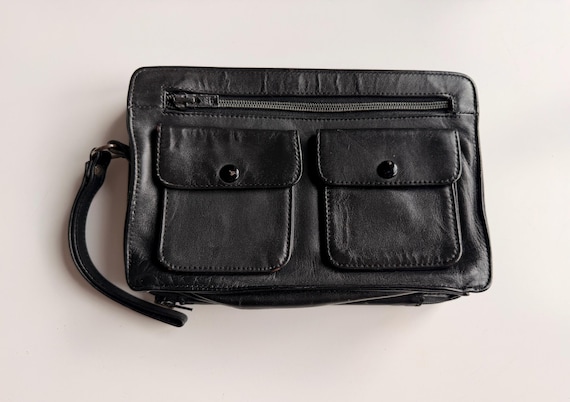 Vintage Black Leather Organizer Clutch | Travel Wallet Wristlet, Minimalist Unisex Organizer