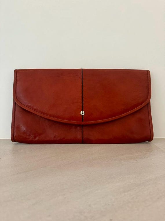Vintage Cognac Leather Envelope Clutch | Minimalist Foldover Handbag | Retro Evening Bag