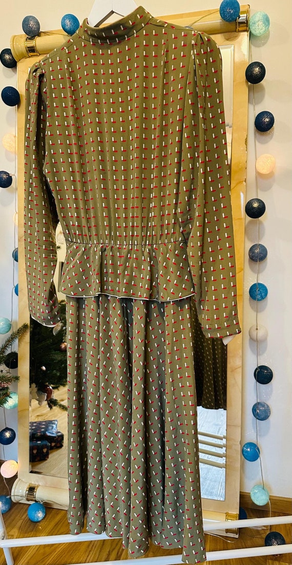 olive green peplum dress Vintage Geometric Print Midi | 80s Mock Neck Day Dress prom dresses ruffles