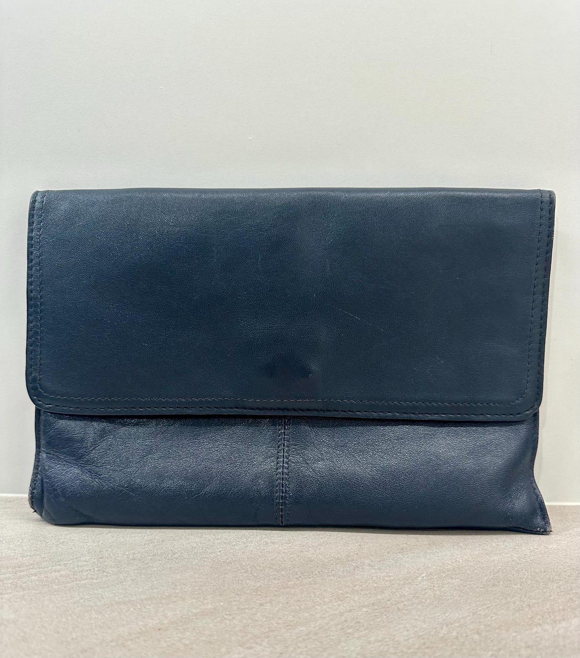 Navy Blue Leather Clutch | Soft Foldover Evening Bag | Minimalist Genuine Leather Handbag, foto 3 di 5