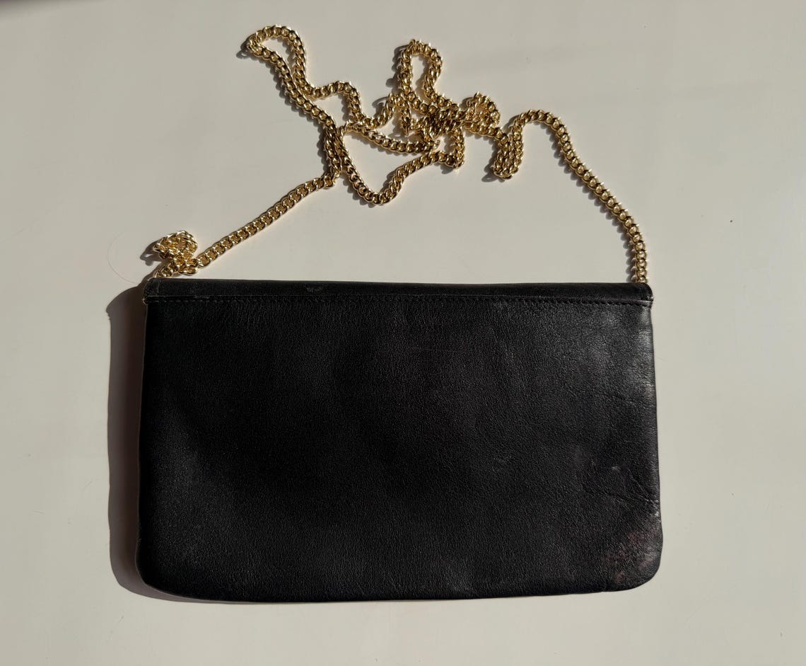 Vintage Black Leather Crossbody Clutch | Minimalist Evening Purse | Kate Spade Style, foto 3 di 5