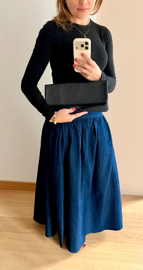 Vintage Black Leather Envelope Clutch | 90s Minimalist Evening Bag