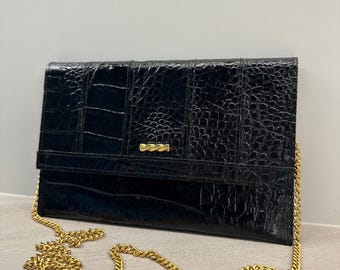 Vintage Black Croc Embossed Leather Clutch | Gold Chain Shoulder Bag, 80s Evening Purse