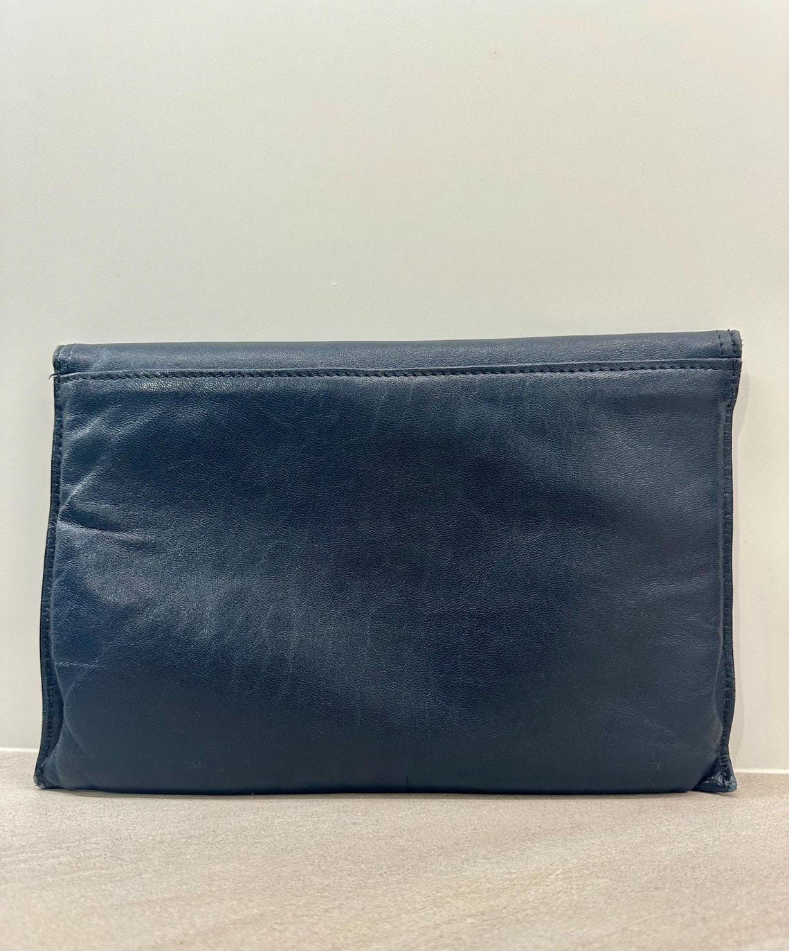Navy Blue Leather Clutch | Soft Foldover Evening Bag | Minimalist Genuine Leather Handbag, foto 4 di 5