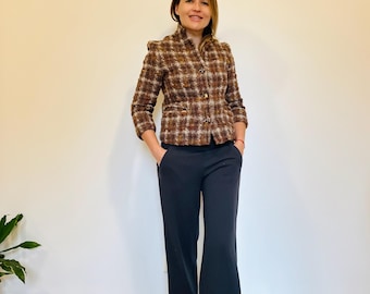 Giacca vintage in tweed bouclé / Blazer in misto lana a quadri marroni / Cappotto strutturato autunnale
