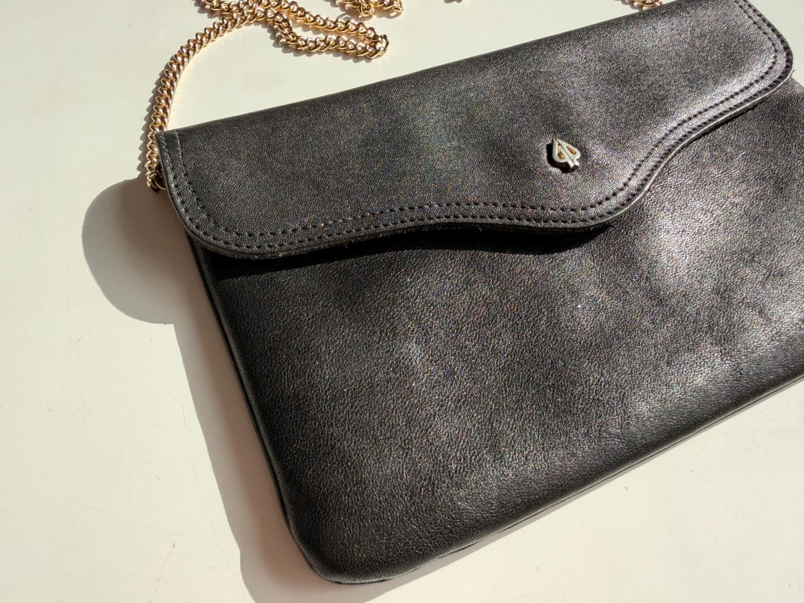 Vintage Black Leather Crossbody Clutch | Minimalist Evening Purse | Kate Spade Style, foto 2 di 5