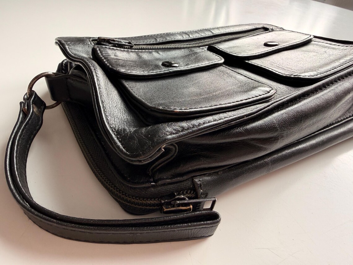 Vintage Black Leather Organizer Clutch | Travel Wallet Wristlet, Minimalist Unisex Organizer, foto 2 di 5