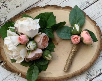 Blush rose corsage and boutonniere set Wedding wrist corsage Rustic corsage Prom corsage Bridesmaid bracelet Wedding rose boutonniere