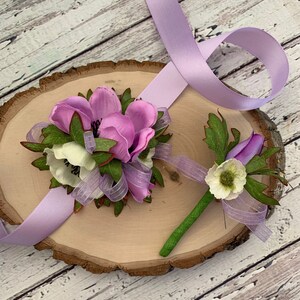 Purple anemone corsage and boutonniere set Wedding boutonniere Groom boutonniere Prom corsage and boutonniere set Boho wedding accessory