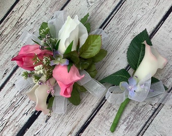 Pink rose corsage and boutonniere set Wedding wrist corsage Silk flowers corsage Prom corsage Bridesmaid bracelet Wedding rose boutonniere