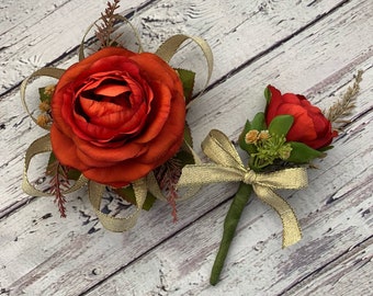 Prom Corsage and boutonniere set Wedding wrist corsage Burnt orange corsage Bridesmaid bracelet Wedding rose boutonniere Mother corsage