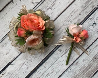 Orange rose corsage and boutonniere set Peach Prom corsage Wedding wrist corsage Rustic corsage Bridesmaid bracelet Wedding rose boutonniere