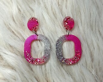 Pink resin and silver glitter earrings