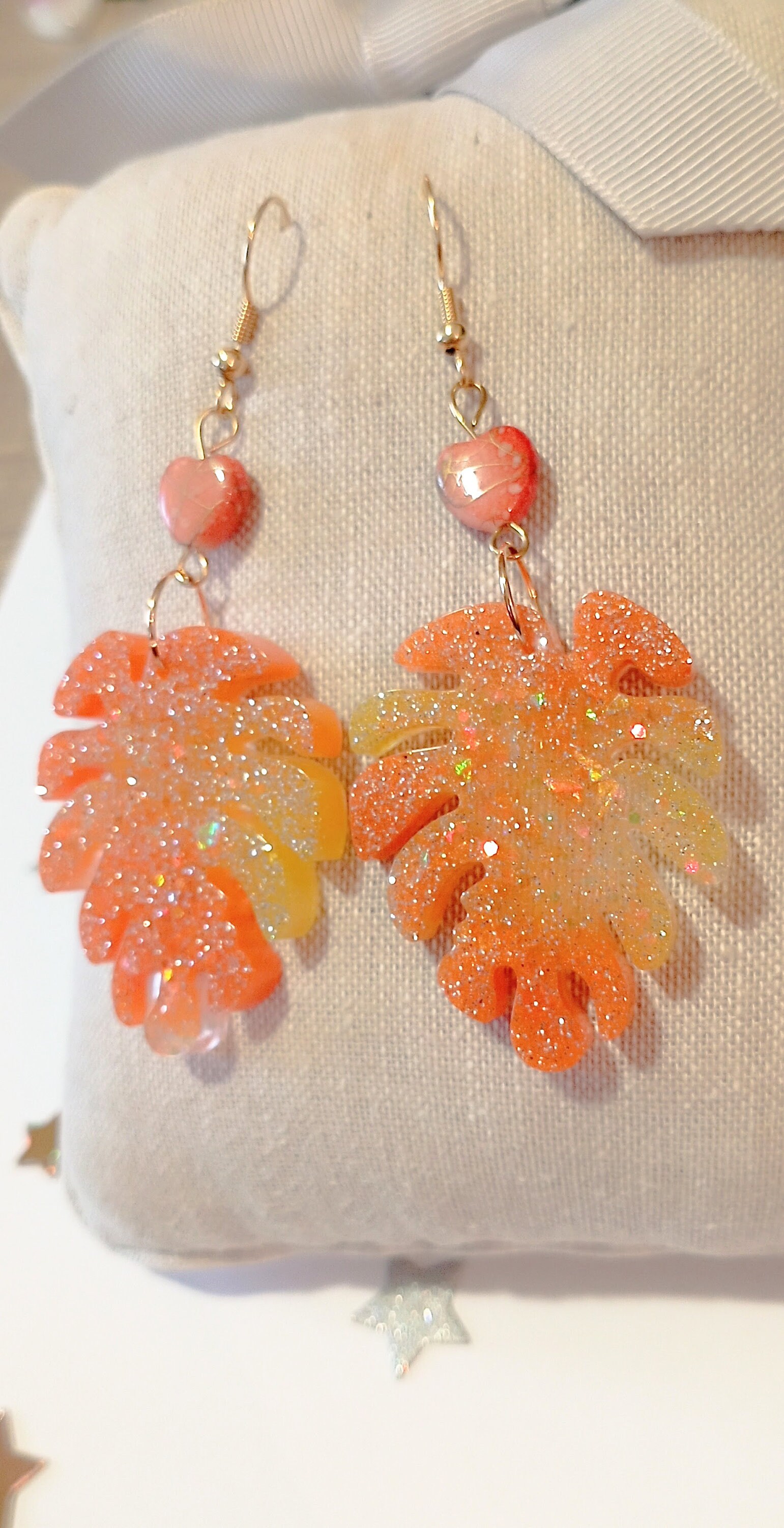 Boucles D'oreilles Résine Jaune Orange Paillettes - Fait Main Unique - Neuf Sans Emballage