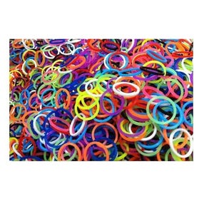 May include: A large pile of colorful rubber bands in various shades of red, orange, yellow, green, blue, purple, and white.