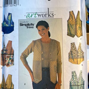May include: Simplicity sewing pattern for vests. The pattern features multiple vest designs, including patchwork and patterned styles. The image shows a woman wearing a vest, with the text "Simplicity" and "art works" visible.