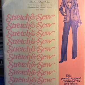 May include: Vintage sewing pattern for a one-button blazer, featuring a line drawing of the blazer and pants. The pattern is designed for knit fabrics and includes bust sizes 30-42 inches. The cover has the text "Stretch & Sew" in a pink script.