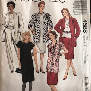 May include: A sewing pattern for four different outfits. The pattern is for sizes 10, 12, and 14. The pattern is called McCall's Easy 4588.
