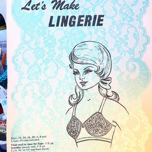 May include: A vintage sewing pattern envelope titled Let's Make LINGERIE, Pattern #190. The cover features a light peach background with a large, pale teal lace pattern and a black-and-white line drawing of a person wearing a lace bra.