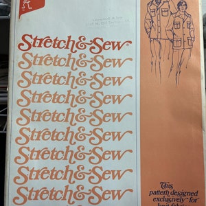 May include: A vintage sewing pattern for a safari and shirt jacket. The pattern is designed for knit fabrics and is from Stretch & Sew by Ann Person. The pattern number is 1790 and the sizes are 36-38-40-42-44-46-48-50.