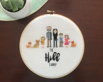 Custom Cross Stitch Family Portrait (6-8 characters)