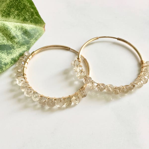 Dainty hoop earring, elegant large hoops, lemon quartz, delicate beautiful natural gemstone, 14k gold jewelry, lucky gems, handmade gift