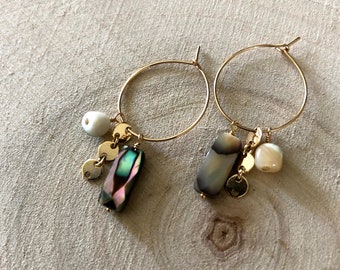 Hawaiian shell charm earrings, 14k gold hoop earrings, handmade craft, dainty delicate jewelry, black iridescent abalone shell, turbo shell