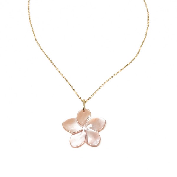 Pink Plumeria Necklace, Plumeria Jewelry, Plumeria charm, Hawaiian Jewelry, Sampaguita necklace, Mother of Pearl, 14k gold fill handmade