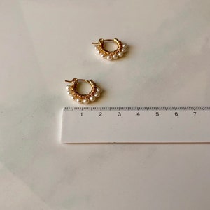 dainty hoop earring tiny hoop earring white pearl freshwater pearl handmade craft delicate elegant gold hoop jewelry earring June birthstone image 6