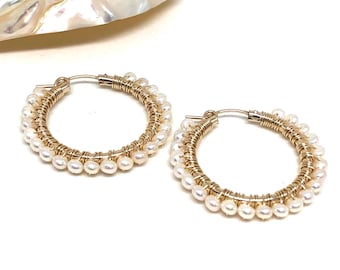 Gold Pearl hoop earrings, formal earrings, white pearl jewelry, 14k gold filled hoop earrings, handmade jewelry, large hoops, wedding bridal