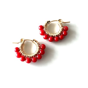 Red Coral Hoop Earrings: 14k Gold Filled Huggies