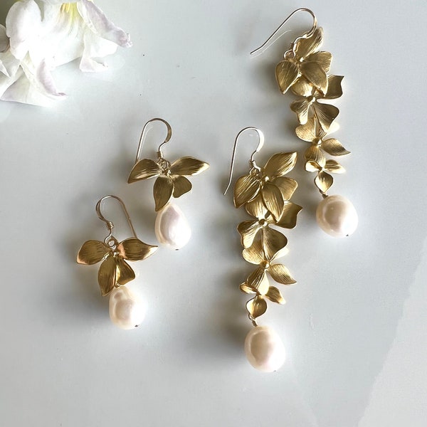Floral earrings, flower pearl earrings, orchid earrings, Gold earrings, pearl earrings, gift for her, valentines day present, gift for mom