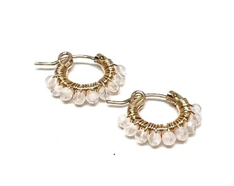 dainty hoop earring tiny hoop earrings, rainbow moonstone earrings, handmade craft delicate elegant gold hoop jewelry earring