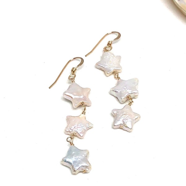 Star pearl earrings, dangle pearl earrings, freshwater pearl 14k gold filled handmade jewelry, hawaiian jewelry, minimalist summer fashion