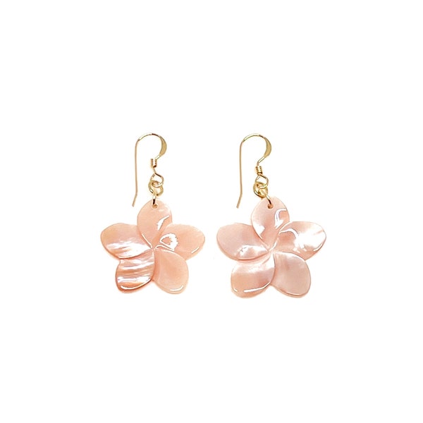 Pink Plumeria earrings, Plumeria Jewelry, Plumeria charm, Hawaiian Jewelry, Sampaguita earrings, Mother of Pearl, 14k gold fill handmade