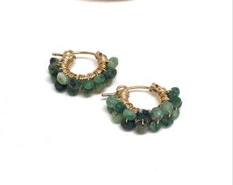 Tiny emerald hoop earrings, dainty small green gemstones, 14k gold hoops, handmade craft earrings, may birthstone, thoughtful gift
