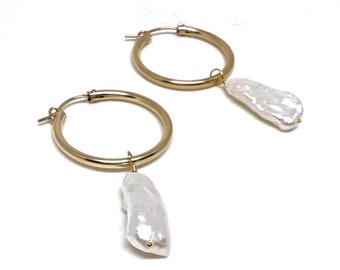 Baroque pearl hoop earrings, 14k gold filled hoop earrings, bridal jewelry, large organic pearl hoops, bridesmaids gift, classic style