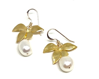 Gold Orchid Earrings: Freshwater Pearl Dangle, 14k Gold Filled Wire