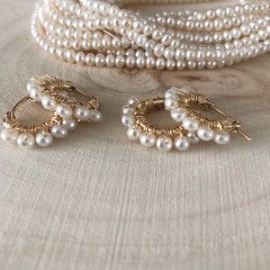 dainty hoop earring tiny hoop earring white pearl freshwater pearl handmade craft delicate elegant gold hoop jewelry earring June birthstone image 9