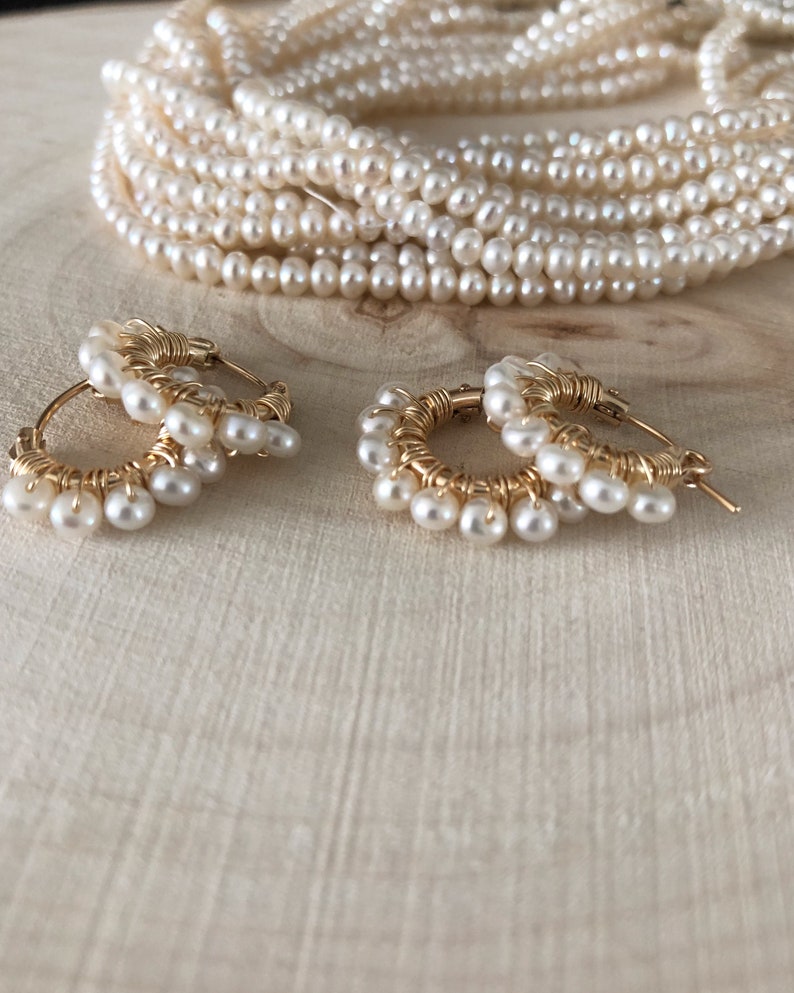 dainty hoop earring tiny hoop earring white pearl freshwater pearl handmade craft delicate elegant gold hoop jewelry earring June birthstone image 9