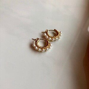 dainty hoop earring tiny hoop earring white pearl freshwater pearl handmade craft delicate elegant gold hoop jewelry earring June birthstone image 8