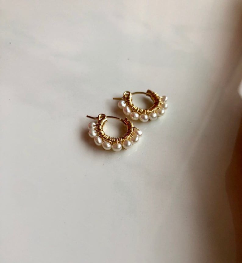 dainty hoop earring tiny hoop earring white pearl freshwater pearl handmade craft delicate elegant gold hoop jewelry earring June birthstone image 8