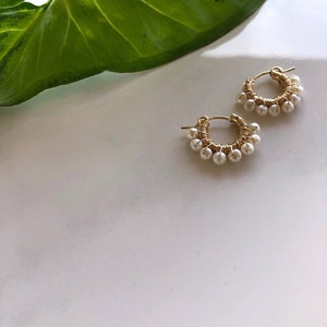 dainty hoop earring tiny hoop earring white pearl freshwater pearl handmade craft delicate elegant gold hoop jewelry earring June birthstone image 3