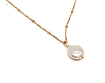 Pearl necklace, pearl pendant neckalce, simple 14k gold filled necklace, everyday necklace, layering beaded chain necklace, gift for her