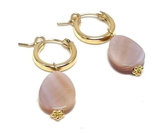 Pink drop earrings, Pink conch shell hoop earring, hoop earring, delicate simple style, handmade craft jewelry, hawaii aloha beach style