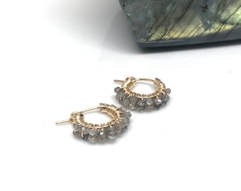 Labradorite hoop earrings, Tiny hoops, 14kgf gold earrings, february march birthstone, healing gemstone jewelry, handmade item