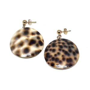 Handmade Leopard Print Shell Earrings: 14k Gold Hawaiian Jewelry