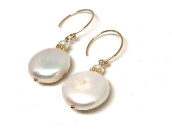 Pearl earrings, coin pearl earrings, freshwater pearls, 14kg gold filled, dainty earrings, gift for her, handmade jewelry, june birthstone