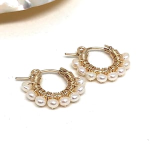 Dainty 14k Gold Filled Hoop Earrings with White Freshwater Pearls