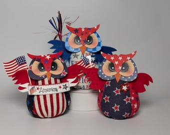 Americana Owls (3 Pack) - Fourth of July Decor Ornaments, Dolls, Owls